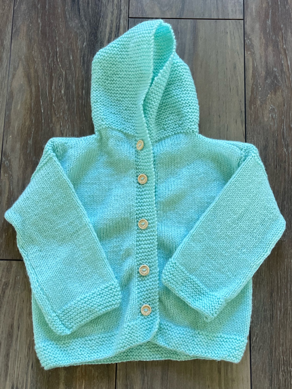 Handmade Knitted Hooded Baby Cardigan fits size 2T Light Aqua for boys or girls